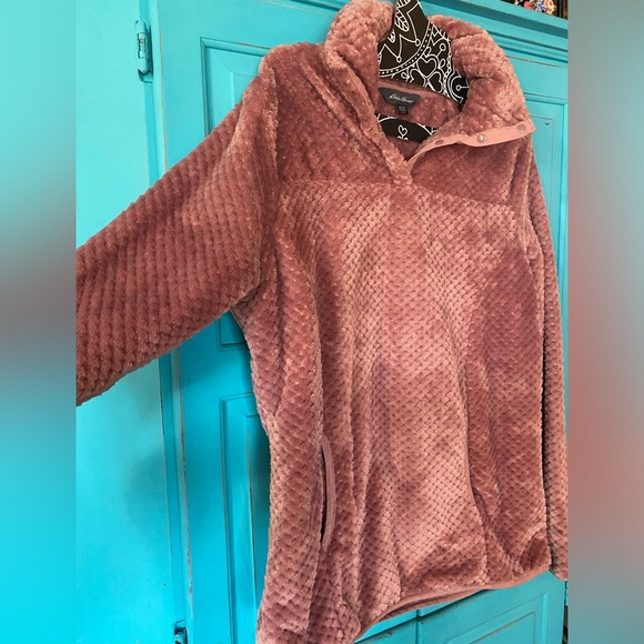 Eddie Bauer Fleece Faux Fur Zip Sweatshirt Large Lg NWOT Barbiecore Soft Pink - Picture 4 of 7